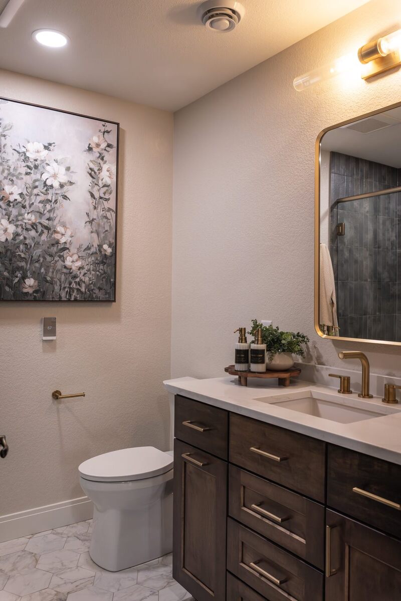 whole home remodel bathroom with dark vanity and brass fixtures minocqua wi