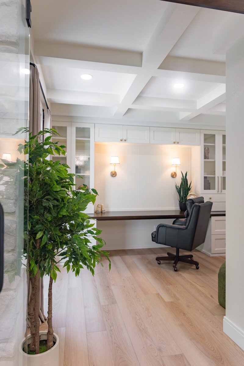 whole home remodel home office with built-in desk and coffered ceiling minocqua wi