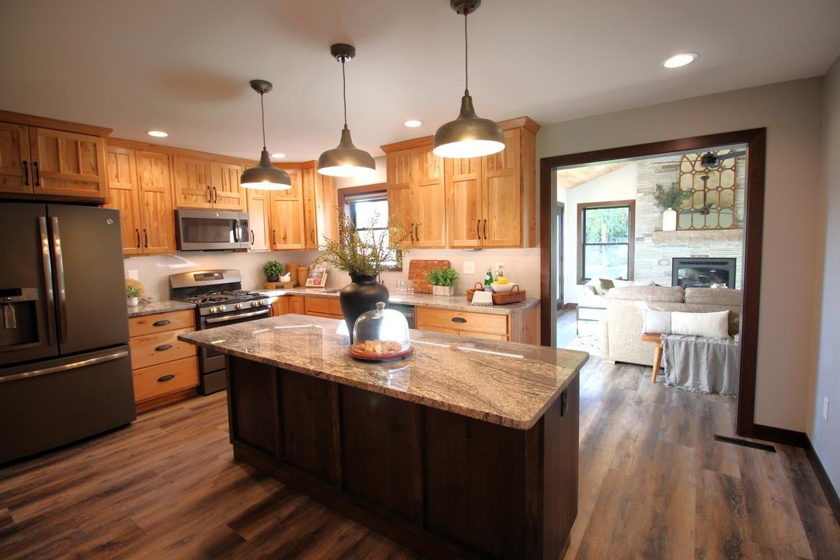 Kitchen close-up in custom Lake Dubay, WI home by Ross Construction showing modern decor accents.