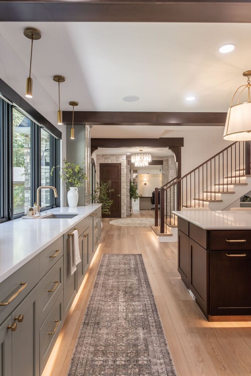 whole home remodel kitchen galley view to foyer and staircase minocqua wi