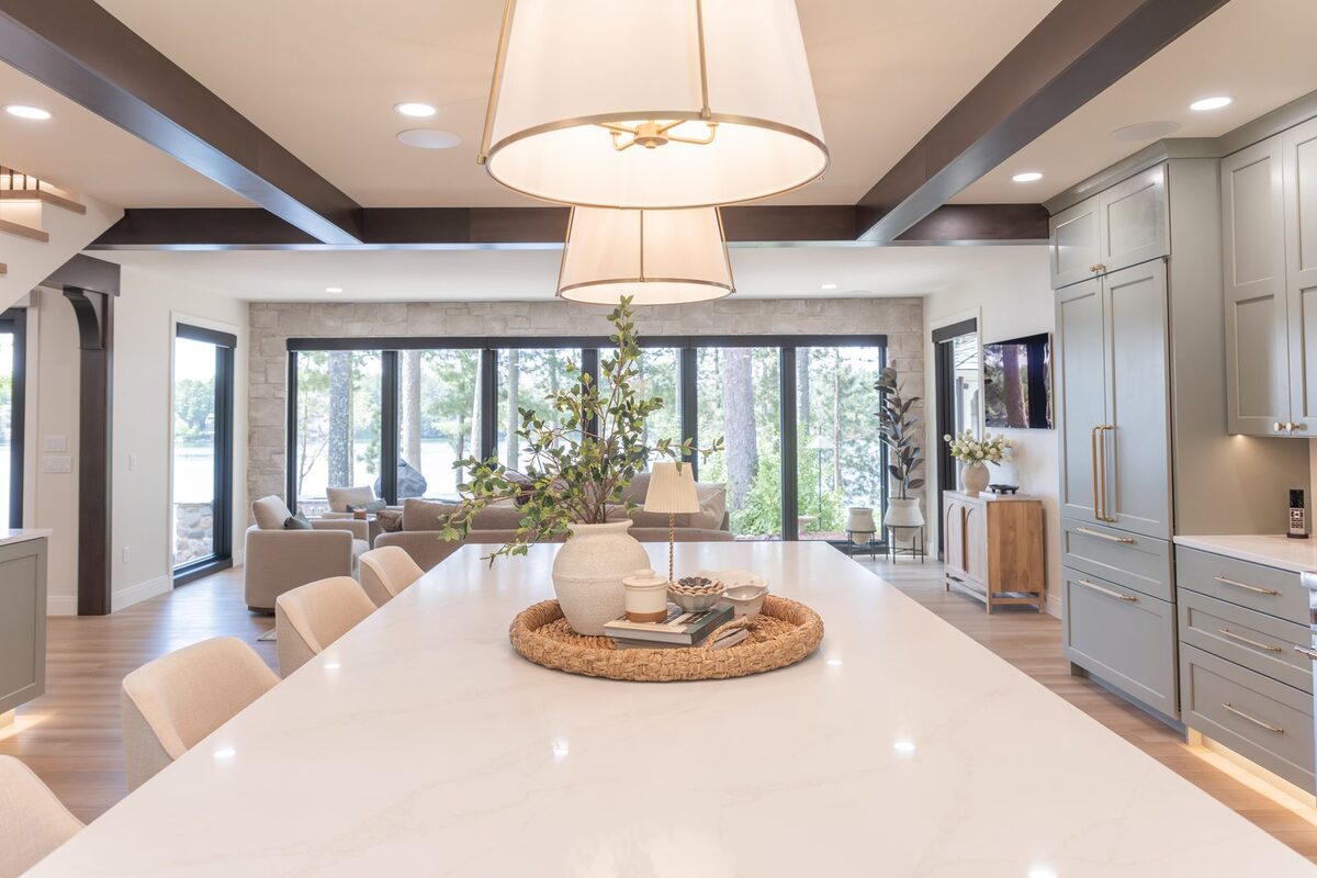 whole home remodel kitchen island countertop view toward great room windows minocqua wi