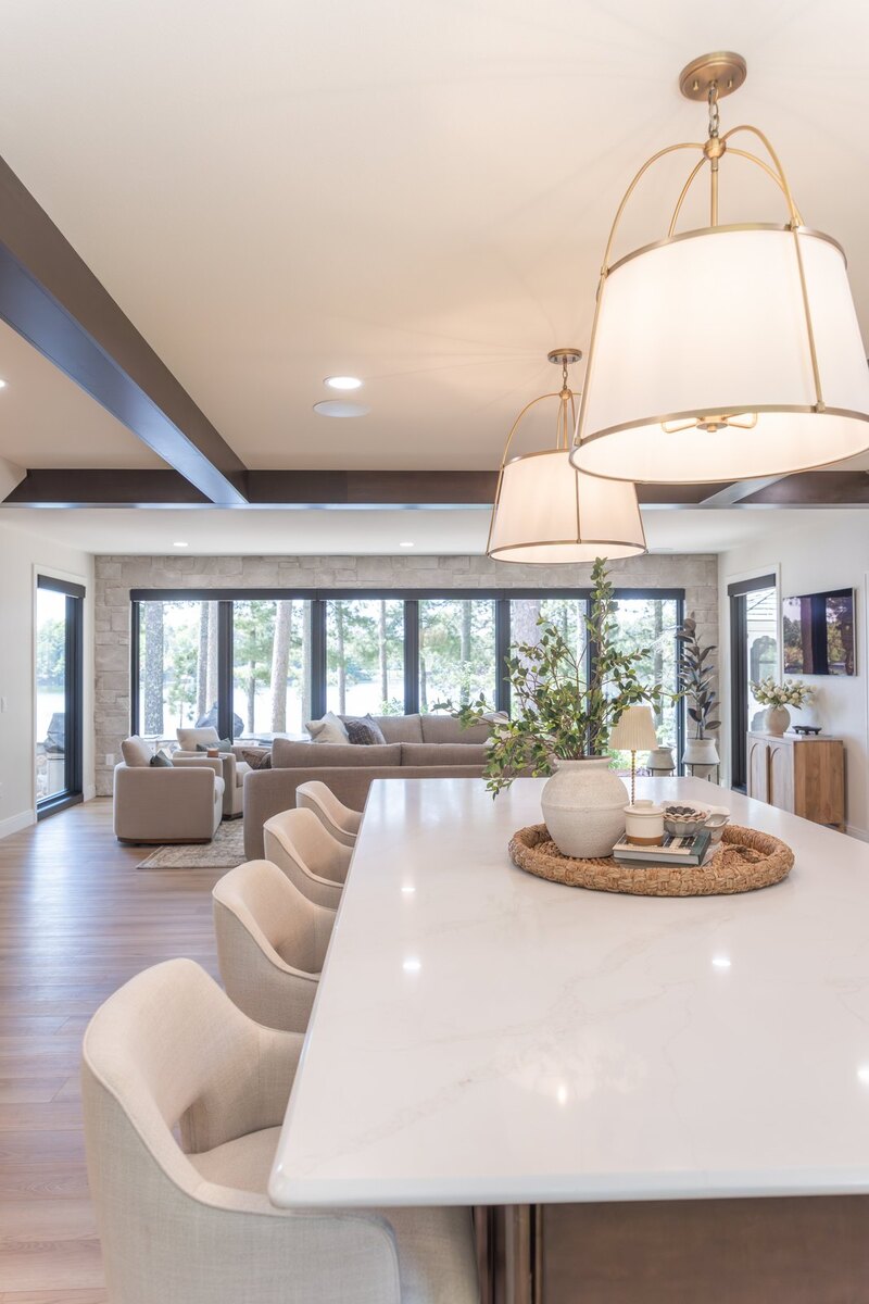 whole home remodel kitchen island vertical view to living room and lake minocqua wi