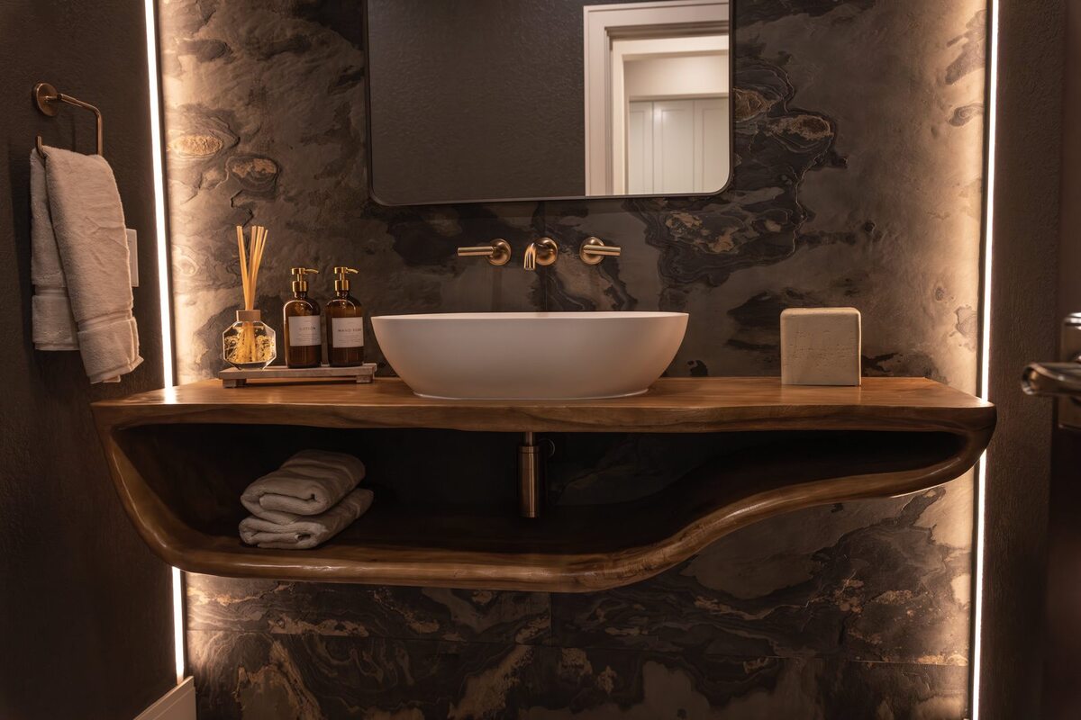 whole home remodel powder room live edge floating vanity with vessel sink minocqua wi