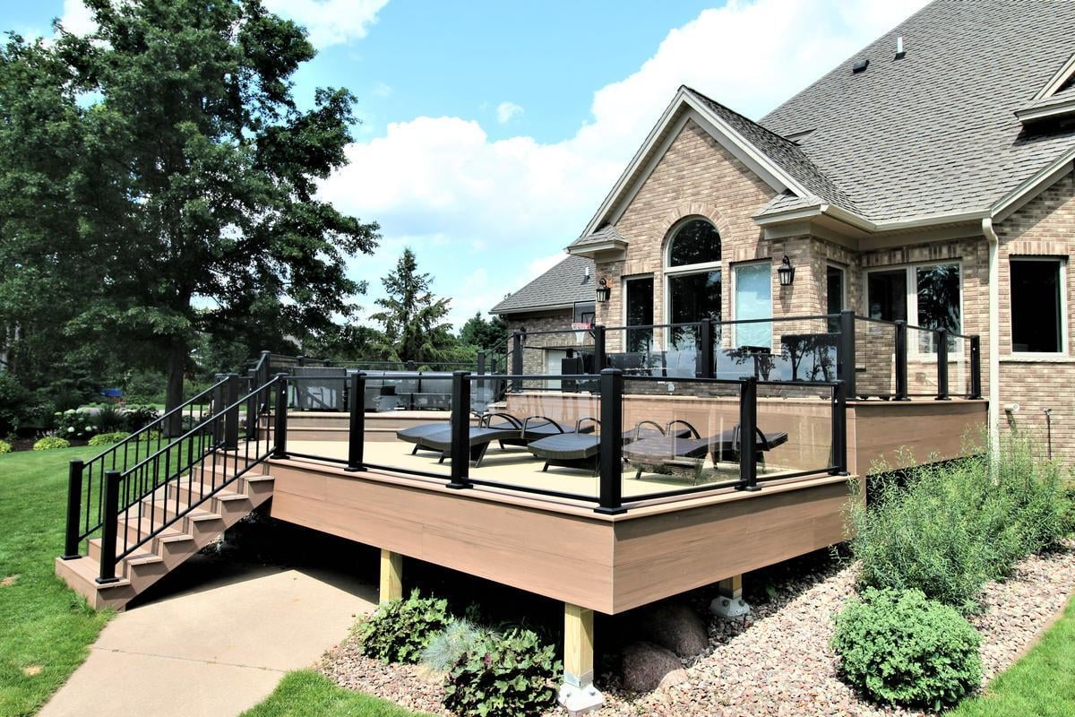 Side view of multi-level composite deck built by Ross Construction in Rib Mountain, WI
