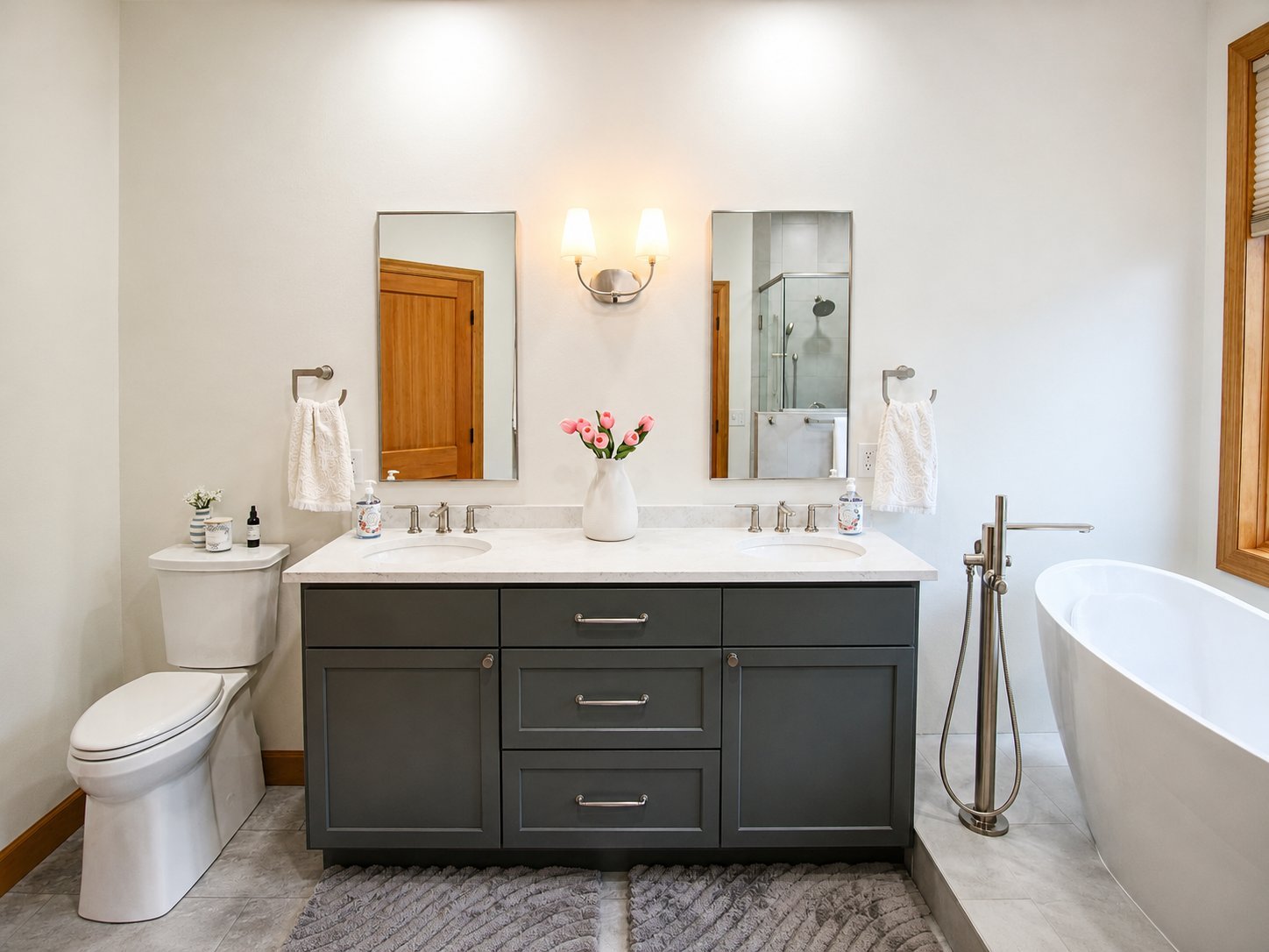 bathroom remodel double vanity gray cabinets dual mirrors freestanding tub sconce lighting