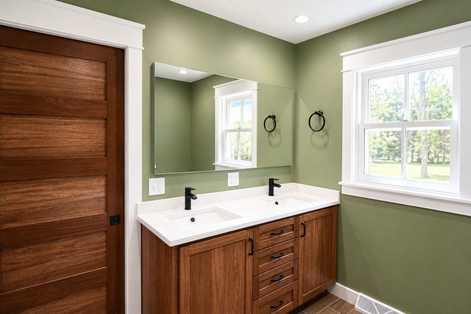 bathroom remodel double vanity green walls wood cabinet black faucets large mirror