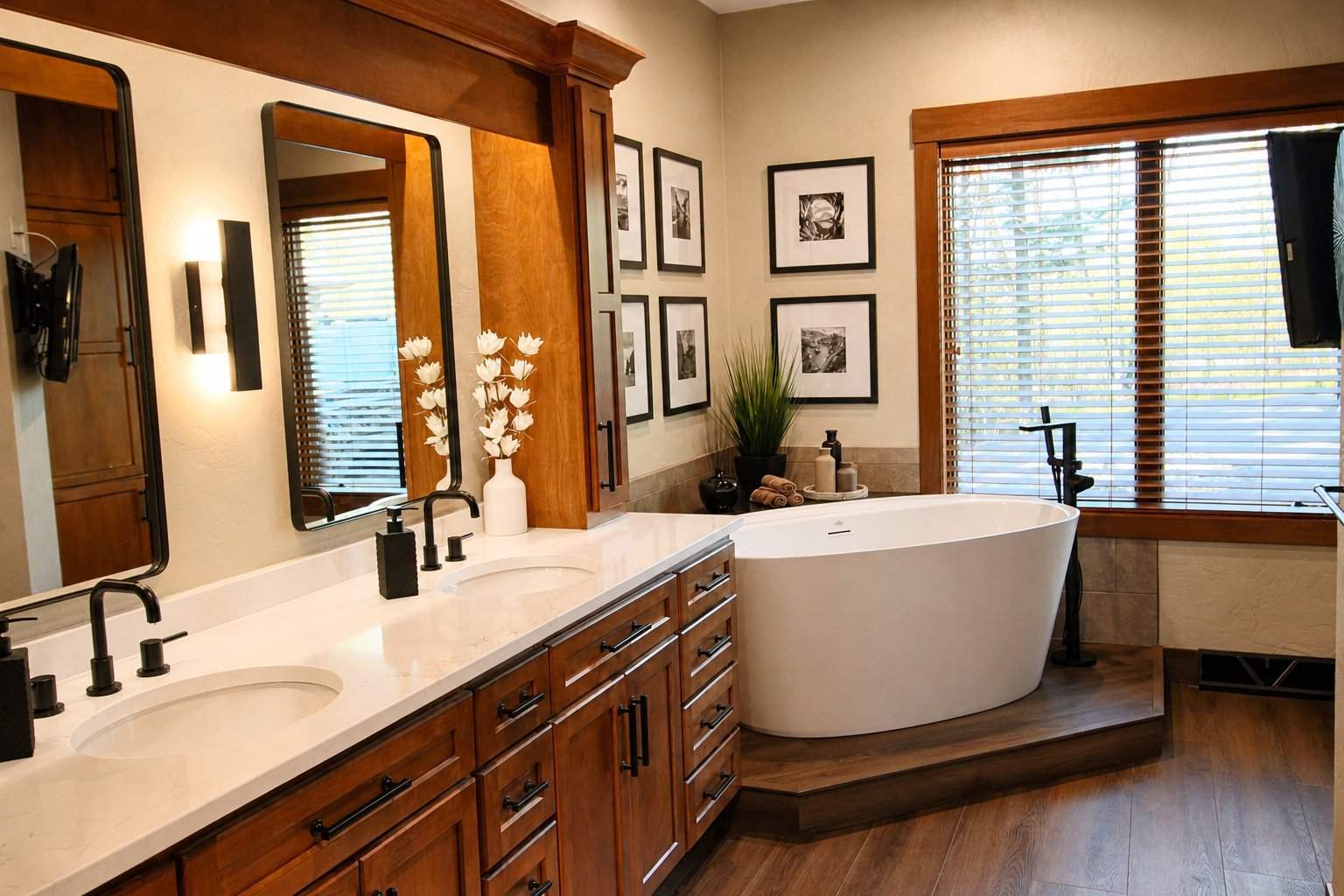 bathroom remodel master bath double vanity freestanding tub wood trim gallery wall