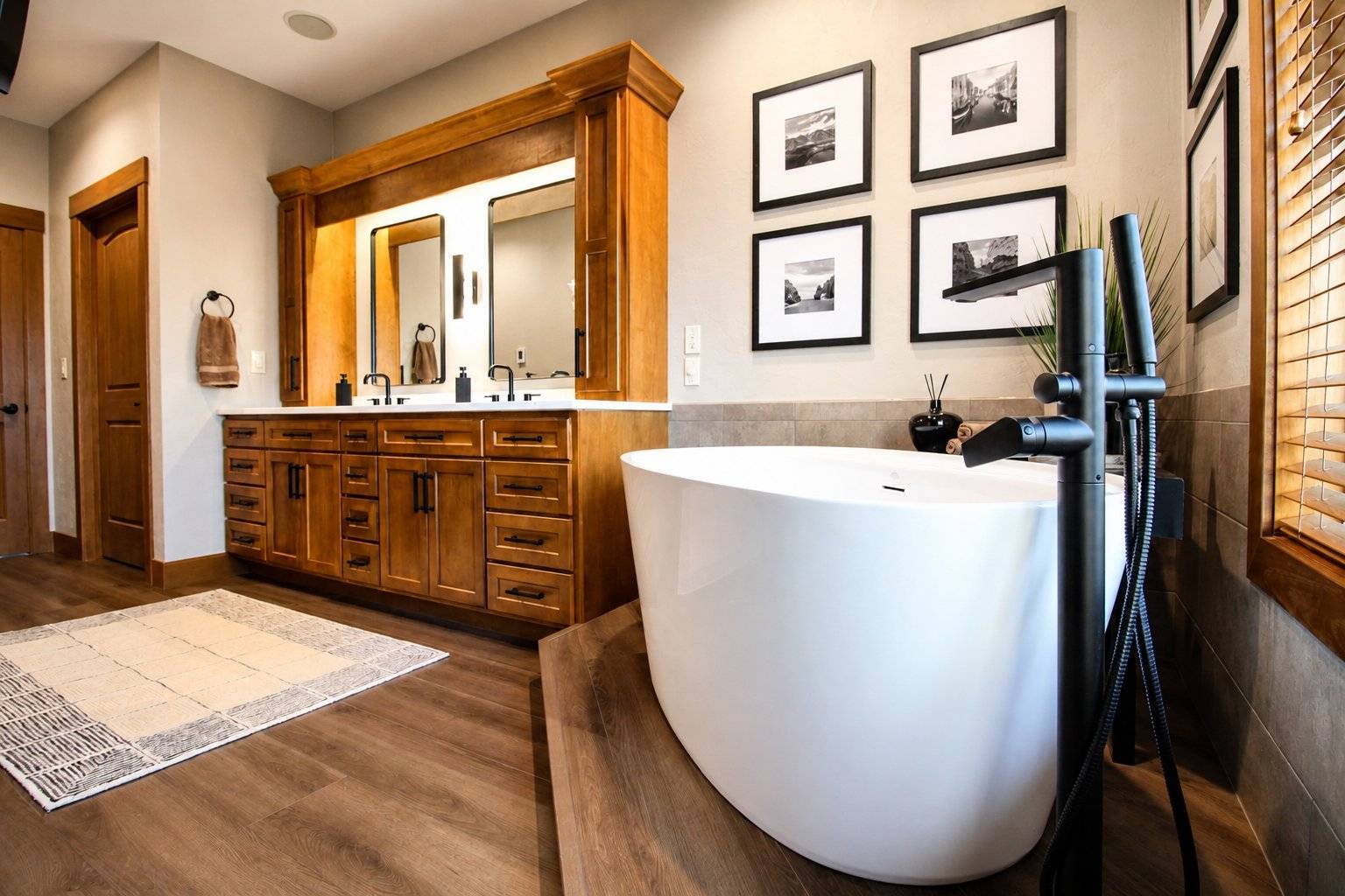 bathroom remodel master bath wide view freestanding tub double vanity wood cabinetry