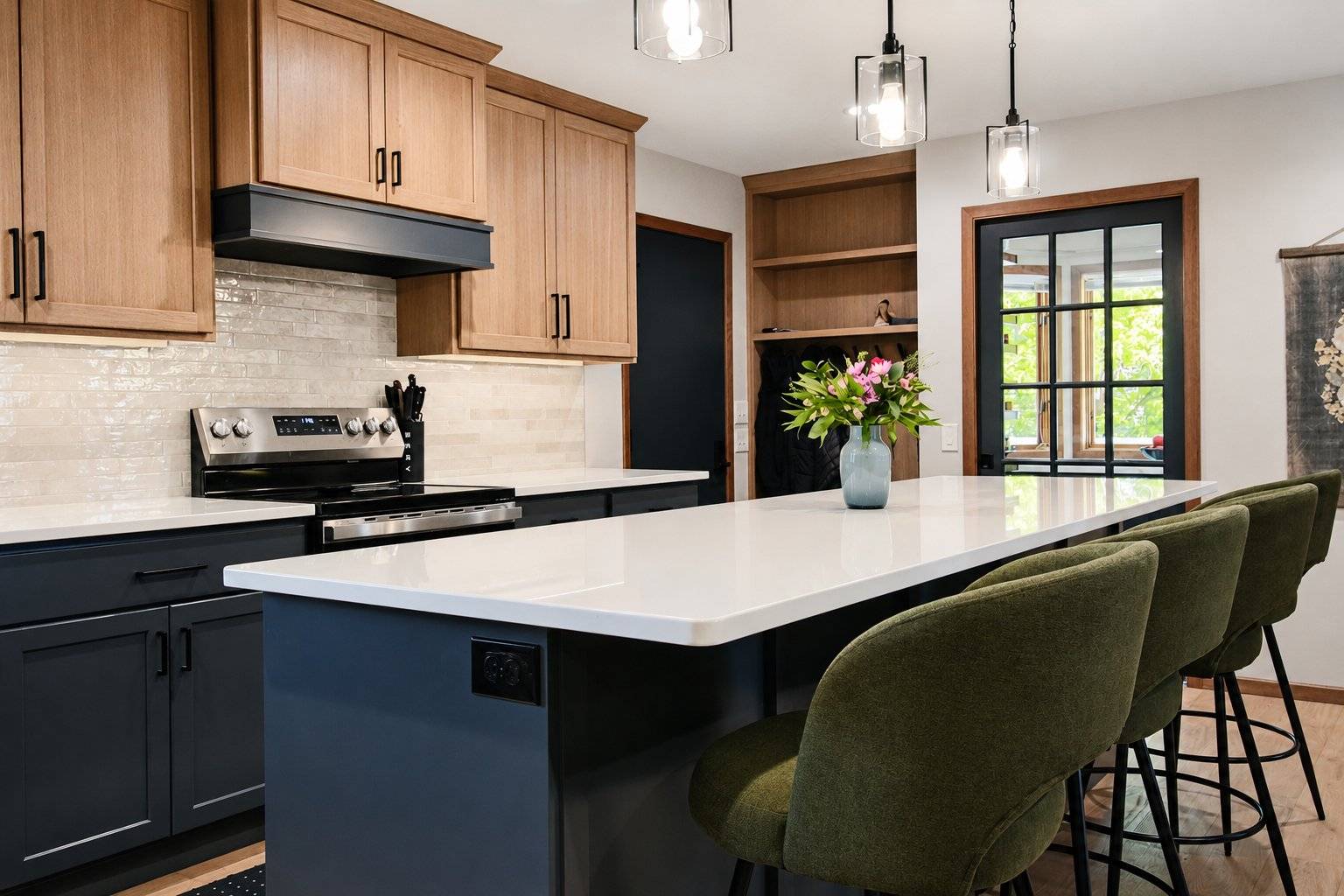 kitchen remodel kitchen island green barstools stove wood cabinets